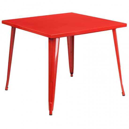 Commercial Grade 35.5" Square Red Metal Indoor-Outdoor Table