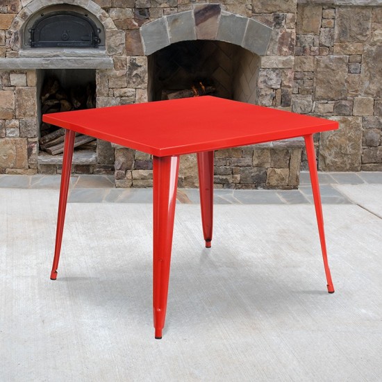 Commercial Grade 35.5" Square Red Metal Indoor-Outdoor Table