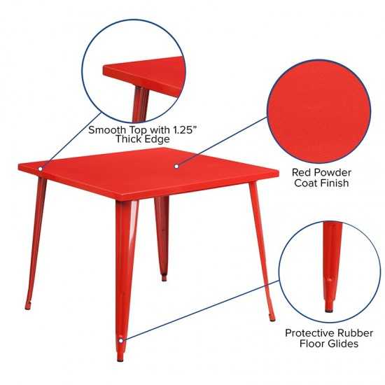 Commercial Grade 35.5" Square Red Metal Indoor-Outdoor Table