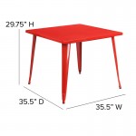 Commercial Grade 35.5" Square Red Metal Indoor-Outdoor Table