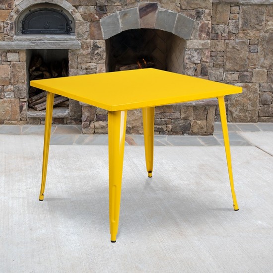 Commercial Grade 35.5" Square Yellow Metal Indoor-Outdoor Table