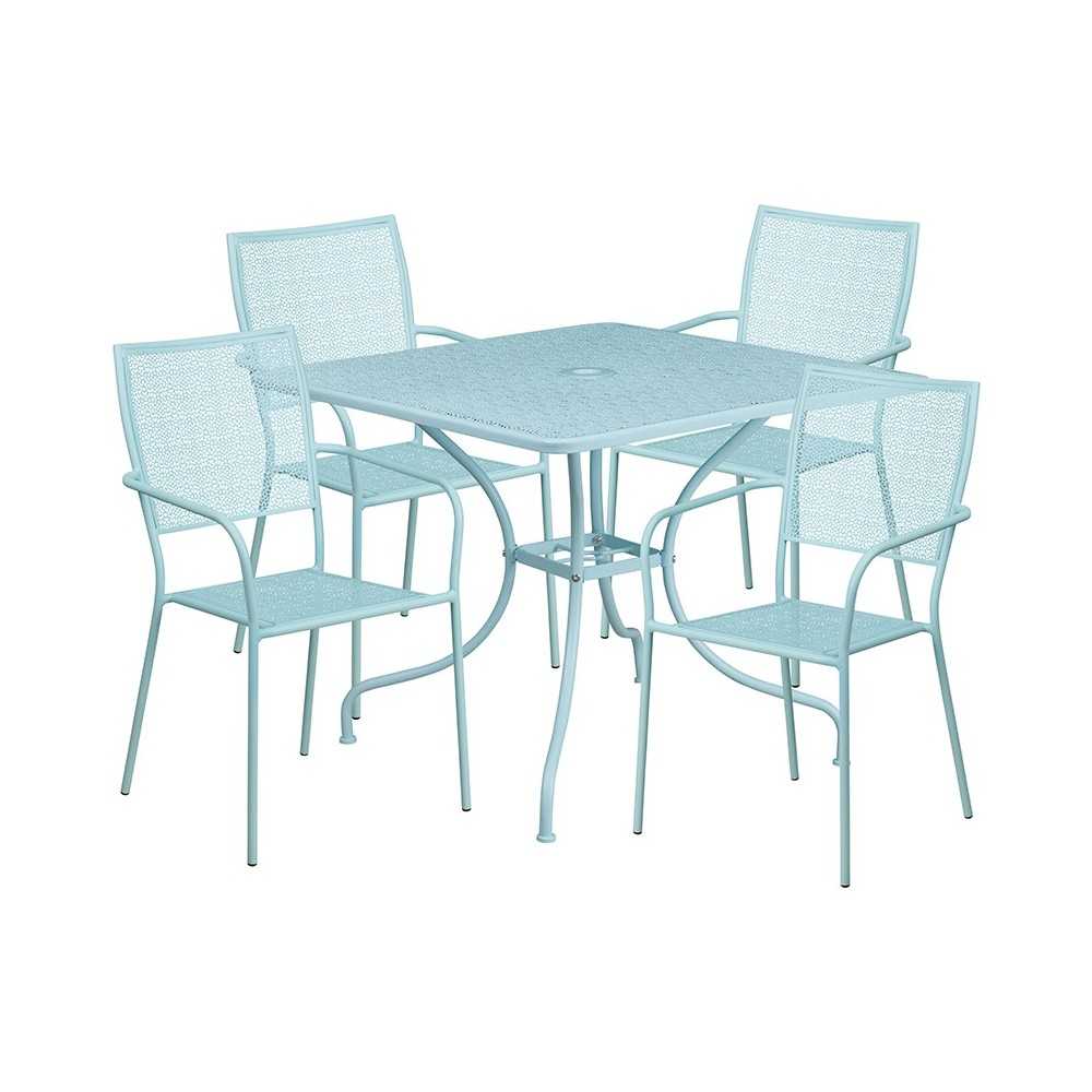 Commercial Grade 35.5" Square Sky Blue Indoor-Outdoor Steel Patio Table Set with 4 Square Back Chairs