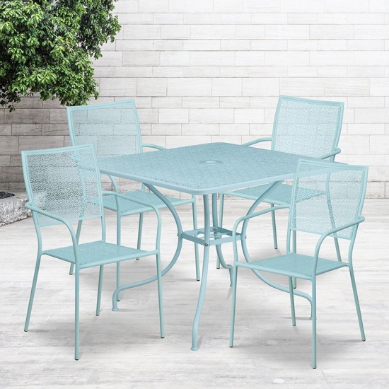 Commercial Grade 35.5" Square Sky Blue Indoor-Outdoor Steel Patio Table Set with 4 Square Back Chairs