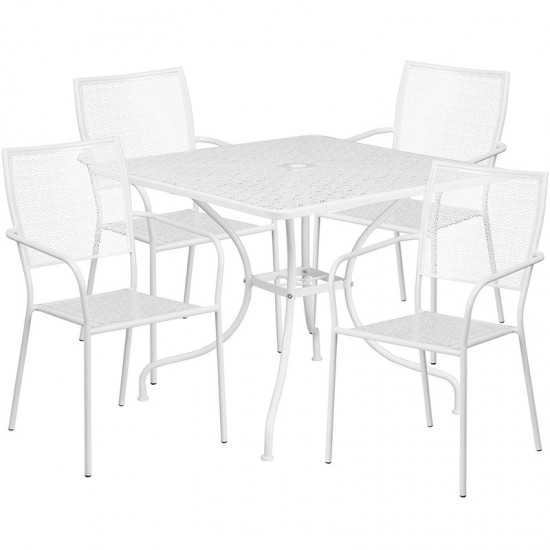 Commercial Grade 35.5" Square White Indoor-Outdoor Steel Patio Table Set with 4 Square Back Chairs