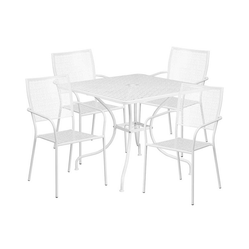 Commercial Grade 35.5" Square White Indoor-Outdoor Steel Patio Table Set with 4 Square Back Chairs Commercial Grade 35.5" Square White Indoor-Outdoor Steel Patio Table Set with 4 Square Back Chairs