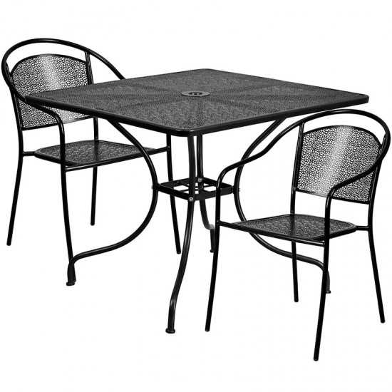 Commercial Grade 35.5" Square Black Indoor-Outdoor Steel Patio Table Set with 2 Round Back Chairs