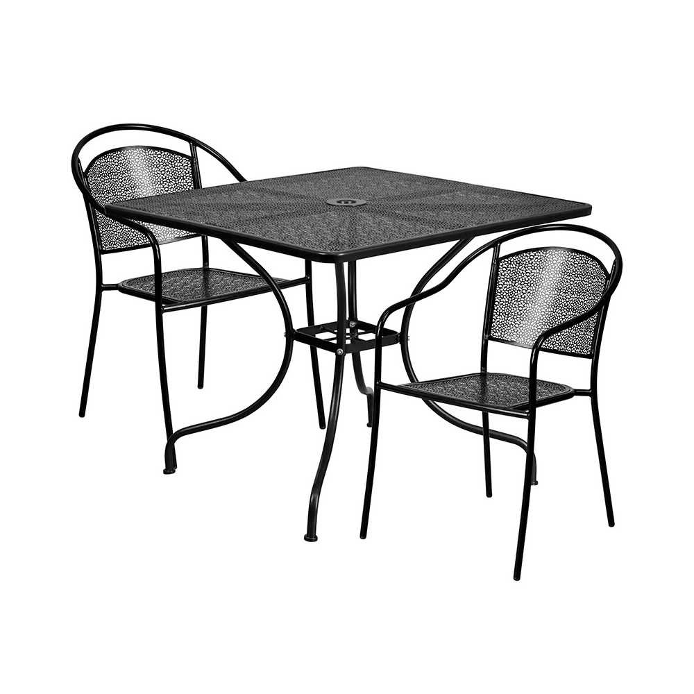 Commercial Grade 35.5" Square Black Indoor-Outdoor Steel Patio Table Set with 2 Round Back Chairs