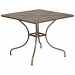 Commercial Grade 35.5" Square Gold Indoor-Outdoor Steel Patio Table Set with 2 Round Back Chairs