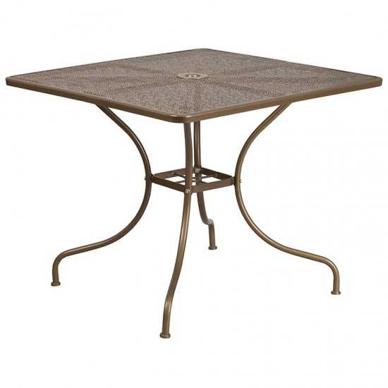Commercial Grade 35.5" Square Gold Indoor-Outdoor Steel Patio Table Set with 2 Round Back Chairs