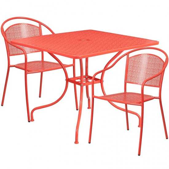 Commercial Grade 35.5" Square Coral Indoor-Outdoor Steel Patio Table Set with 2 Round Back Chairs