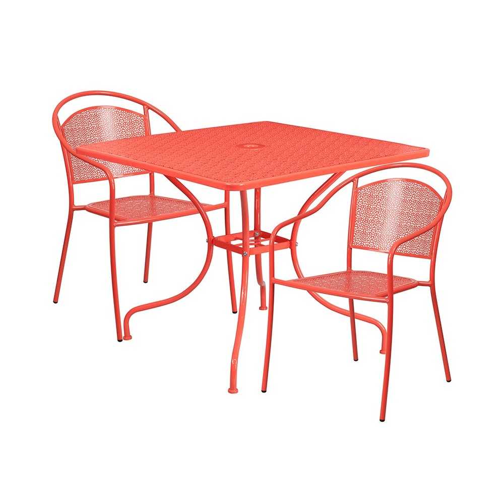 Commercial Grade 35.5" Square Coral Indoor-Outdoor Steel Patio Table Set with 2 Round Back Chairs