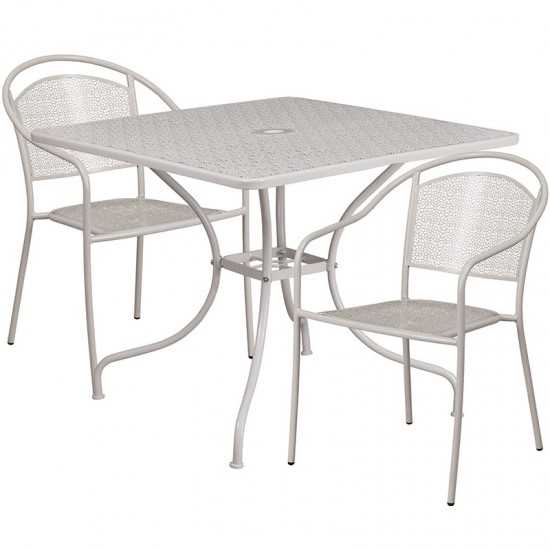 Commercial Grade 35.5" Square Light Gray Indoor-Outdoor Steel Patio Table Set with 2 Round Back Chairs