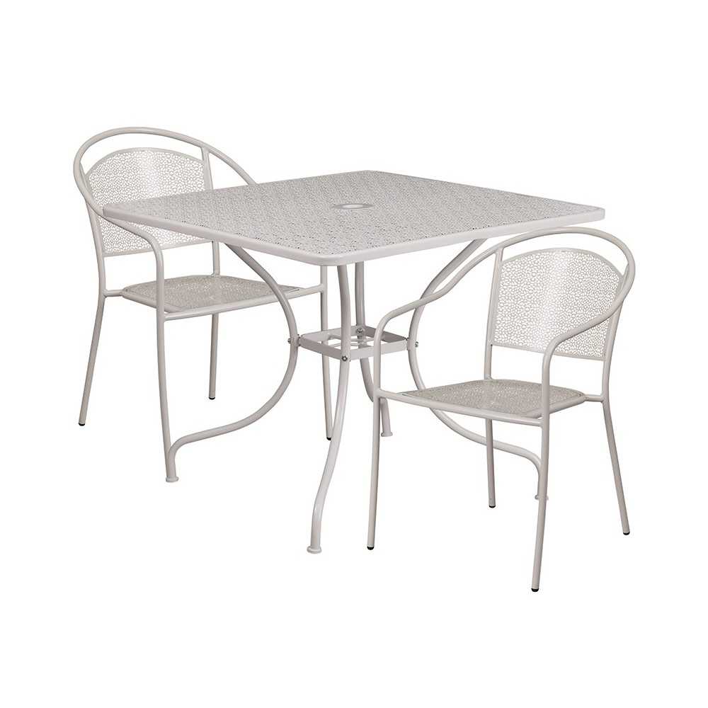 Commercial Grade 35.5" Square Light Gray Indoor-Outdoor Steel Patio Table Set with 2 Round Back Chairs Commercial Grade 35.5" Square Light Gray Indoor-Outdoor Steel Patio Table Set with 2 Round Back Chairs