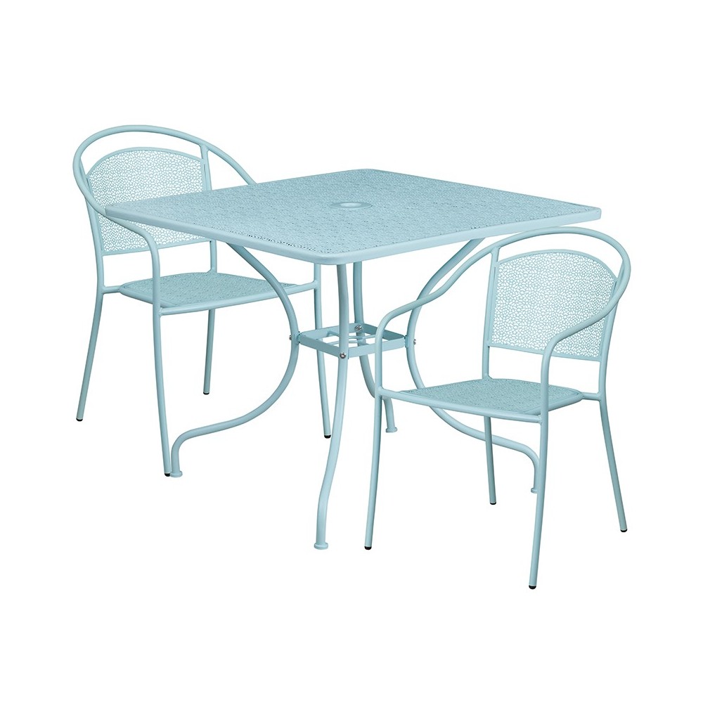 Commercial Grade 35.5" Square Sky Blue Indoor-Outdoor Steel Patio Table Set with 2 Round Back Chairs