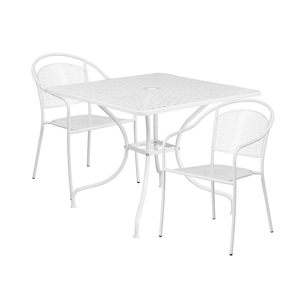 Commercial Grade 35.5" Square White Indoor-Outdoor Steel Patio Table Set with 2 Round Back Chairs