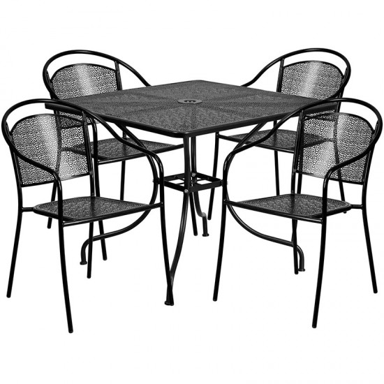 Commercial Grade 35.5" Square Black Indoor-Outdoor Steel Patio Table Set with 4 Round Back Chairs