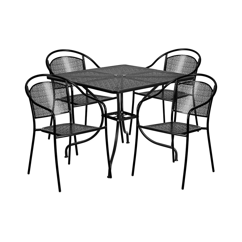 Commercial Grade 35.5" Square Black Indoor-Outdoor Steel Patio Table Set with 4 Round Back Chairs Commercial Grade 35.5" Square Black Indoor-Outdoor Steel Patio Table Set with 4 Round Back Chairs