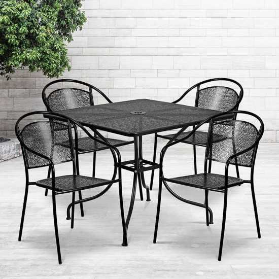 Commercial Grade 35.5" Square Black Indoor-Outdoor Steel Patio Table Set with 4 Round Back Chairs