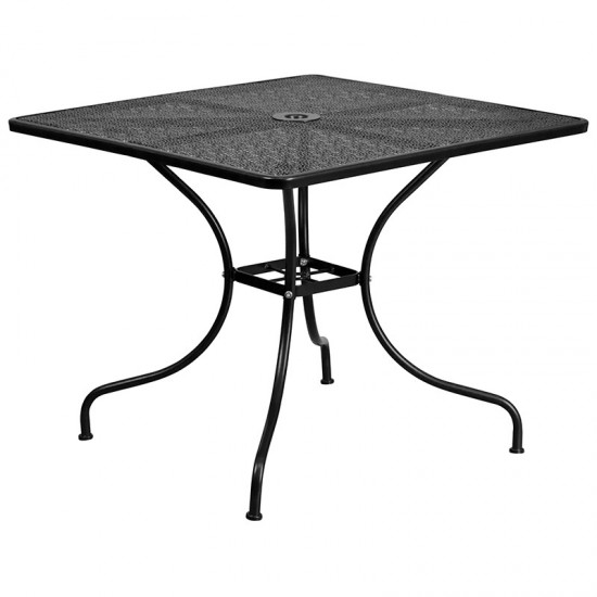 Commercial Grade 35.5" Square Black Indoor-Outdoor Steel Patio Table Set with 4 Round Back Chairs
