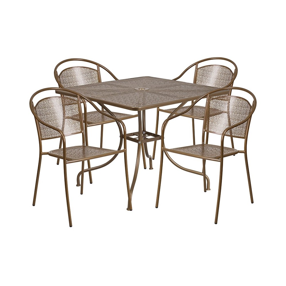 Commercial Grade 35.5" Square Gold Indoor-Outdoor Steel Patio Table Set with 4 Round Back Chairs