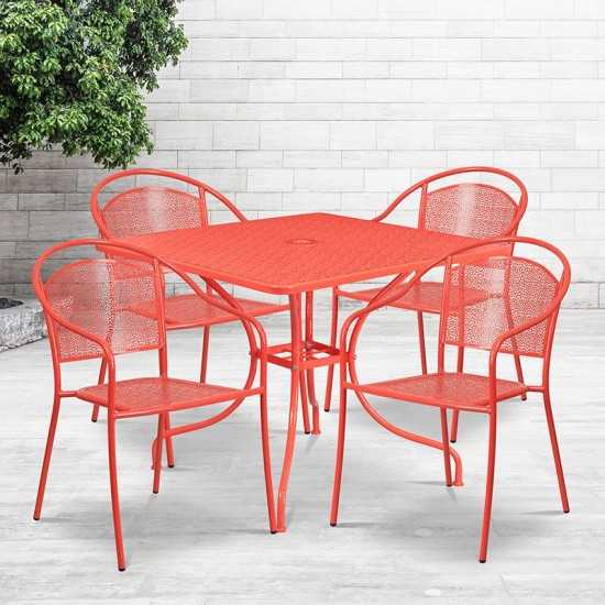 Commercial Grade 35.5" Square Coral Indoor-Outdoor Steel Patio Table Set with 4 Round Back Chairs