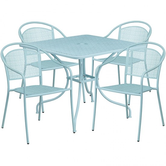 Commercial Grade 35.5" Square Sky Blue Indoor-Outdoor Steel Patio Table Set with 4 Round Back Chairs