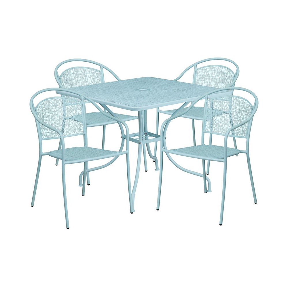 Commercial Grade 35.5" Square Sky Blue Indoor-Outdoor Steel Patio Table Set with 4 Round Back Chairs