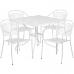 Commercial Grade 35.5" Square White Indoor-Outdoor Steel Patio Table Set with 4 Round Back Chairs