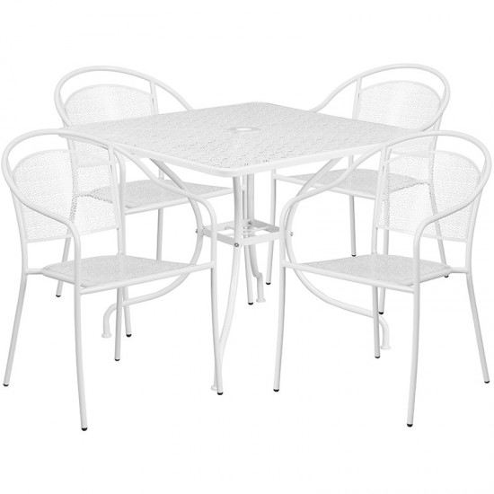 Commercial Grade 35.5" Square White Indoor-Outdoor Steel Patio Table Set with 4 Round Back Chairs