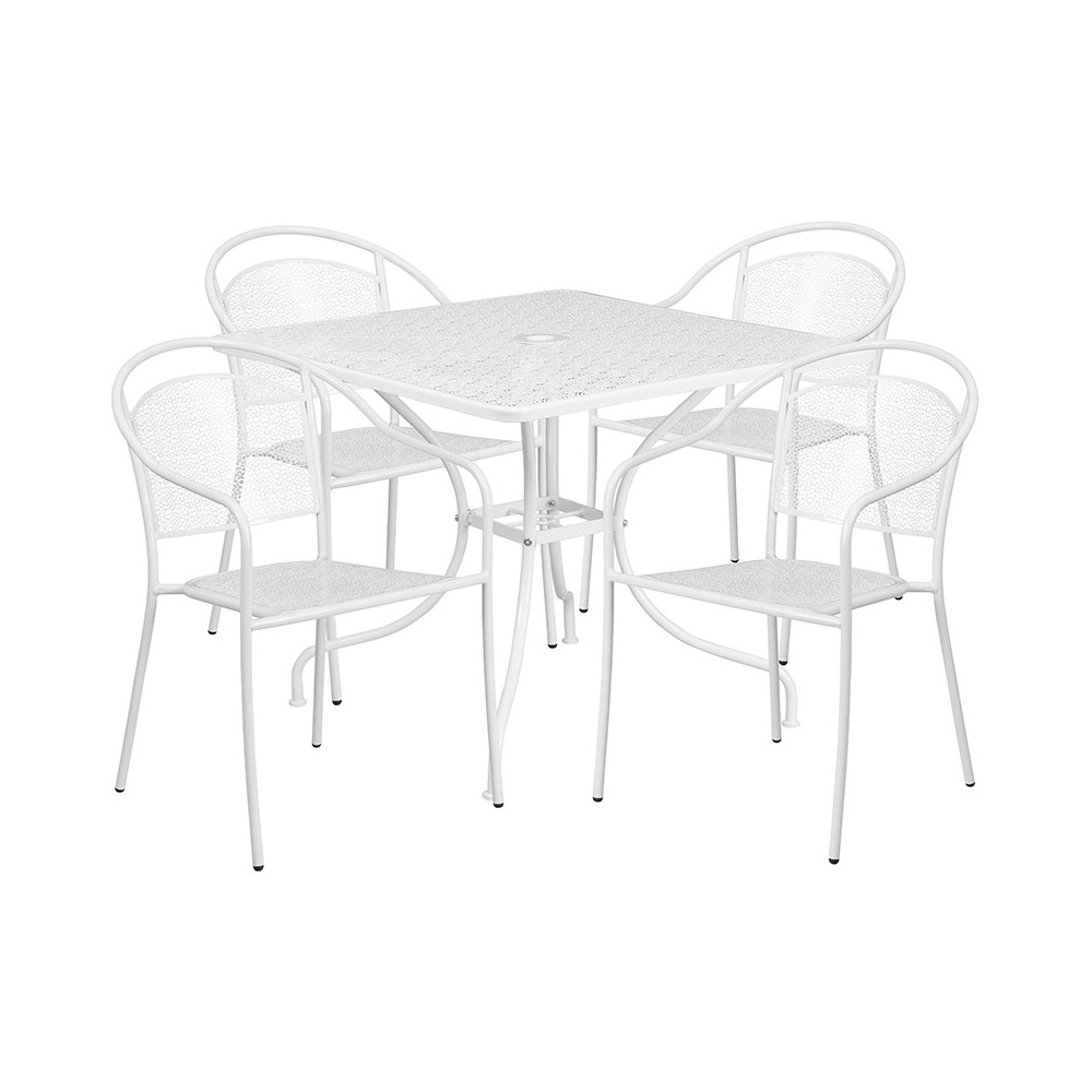 Commercial Grade 35.5" Square White Indoor-Outdoor Steel Patio Table Set with 4 Round Back Chairs Commercial Grade 35.5" Square White Indoor-Outdoor Steel Patio Table Set with 4 Round Back Chairs