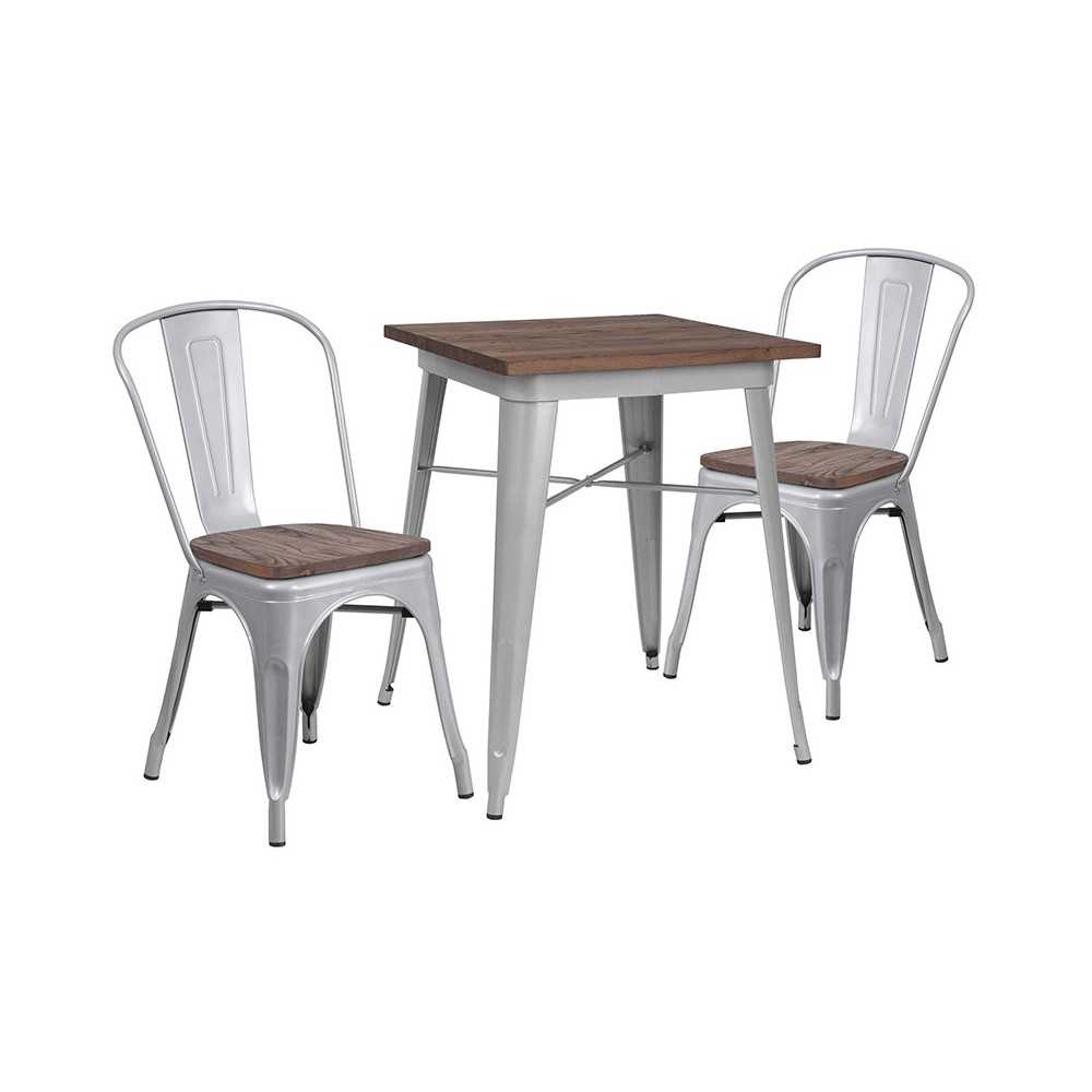 23.5" Square Silver Metal Table Set with Wood Top and 2 Stack Chairs 23.5" Square Silver Metal Table Set with Wood Top and 2 Stack Chairs
