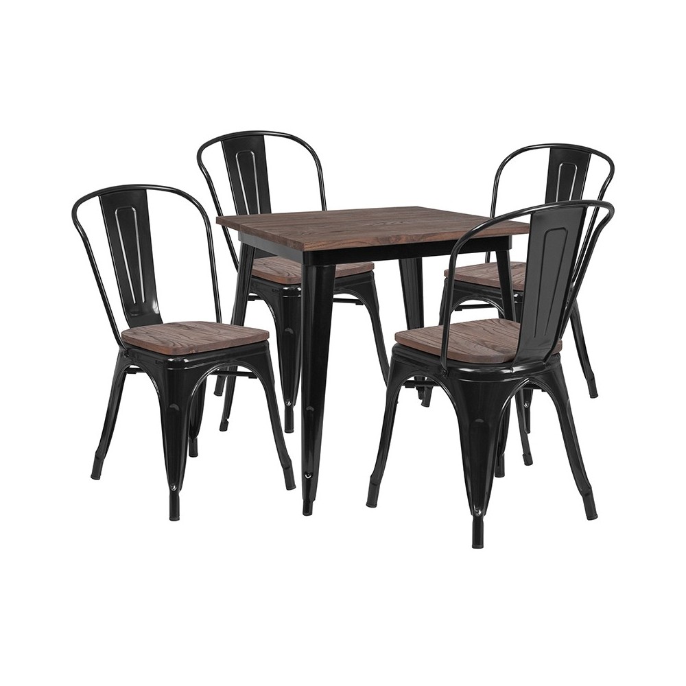 31.5" Square Black Metal Table Set with Wood Top and 4 Stack Chairs