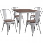 31.5" Square Silver Metal Table Set with Wood Top and 4 Stack Chairs