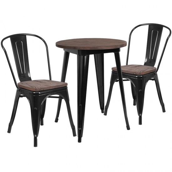 24" Round Black Metal Table Set with Wood Top and 2 Stack Chairs