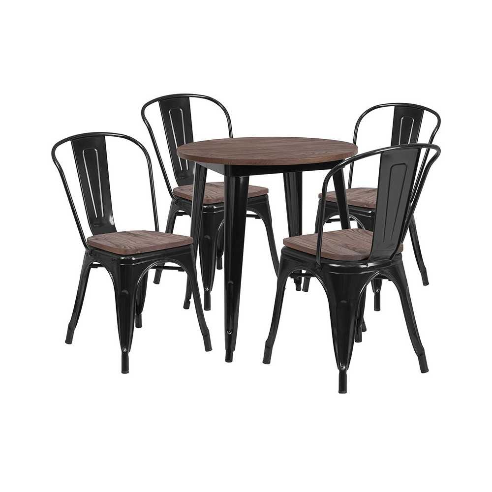 26" Round Black Metal Table Set with Wood Top and 4 Stack Chairs 26" Round Black Metal Table Set with Wood Top and 4 Stack Chairs