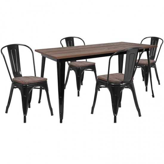 30.25" x 60" Black Metal Table Set with Wood Top and 4 Stack Chairs