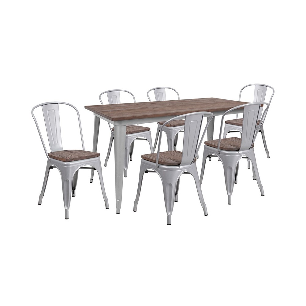30.25" x 60" Silver Metal Table Set with Wood Top and 6 Stack Chairs 30.25" x 60" Silver Metal Table Set with Wood Top and 6 Stack Chairs