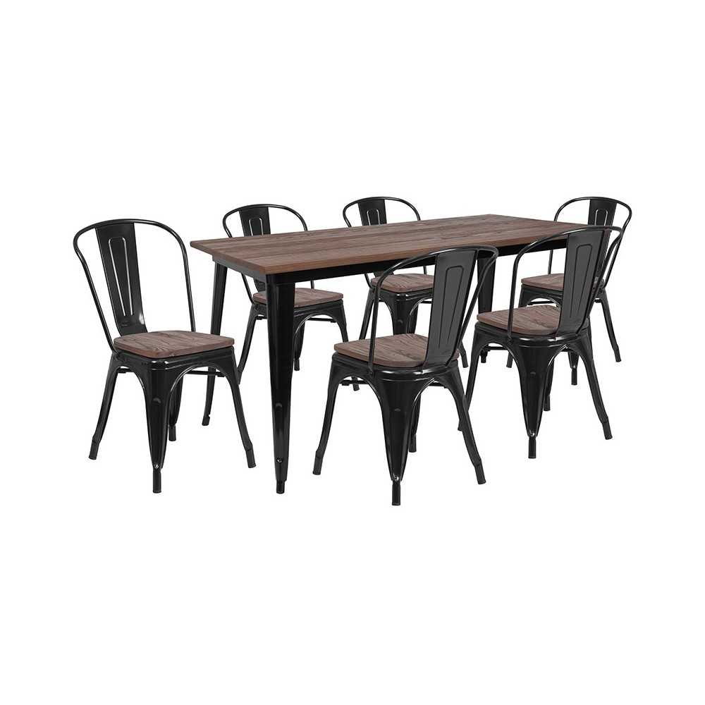 30.25" x 60" Black Metal Table Set with Wood Top and 6 Stack Chairs 30.25" x 60" Black Metal Table Set with Wood Top and 6 Stack Chairs