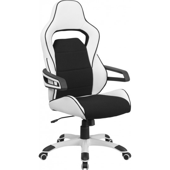 High Back White Vinyl Executive Swivel Office Chair with Black Fabric Inserts and Arms
