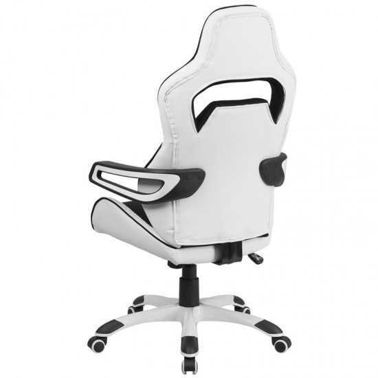 High Back White Vinyl Executive Swivel Office Chair with Black Fabric Inserts and Arms