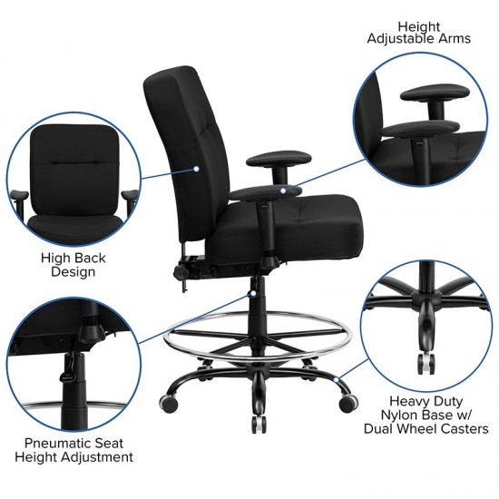 Big & Tall 400 lb. Rated Black Fabric Rectangular Back Ergonomic Draft Chair with Adjustable Arms