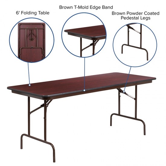 6-Foot High Pressure Mahogany Laminate Folding Banquet Table