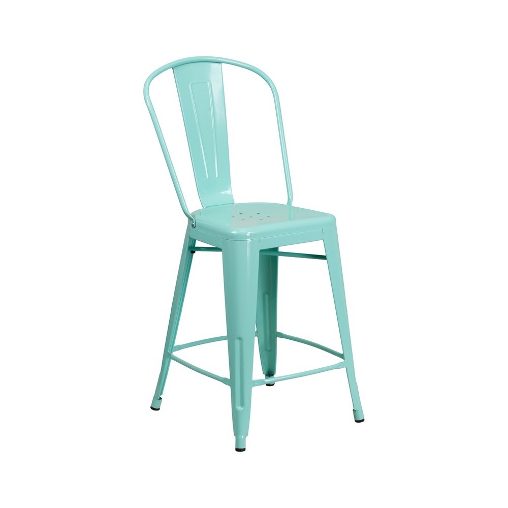 Commercial Grade 24" High Mint Green Metal Indoor-Outdoor Counter Height Stool with Back