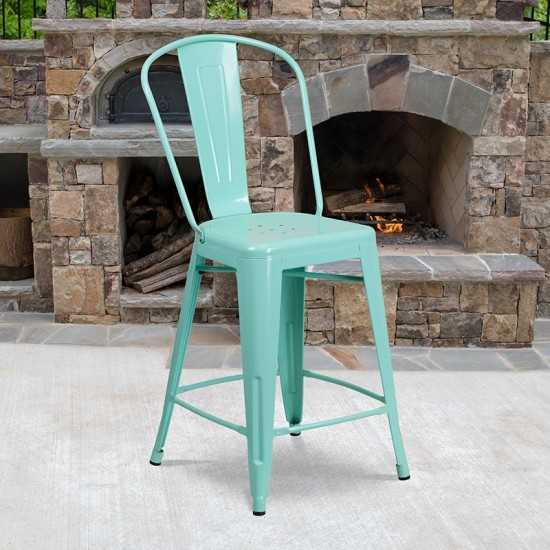 Commercial Grade 24" High Mint Green Metal Indoor-Outdoor Counter Height Stool with Back