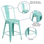 Commercial Grade 24" High Mint Green Metal Indoor-Outdoor Counter Height Stool with Back