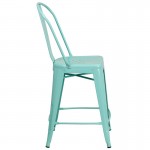 Commercial Grade 24" High Mint Green Metal Indoor-Outdoor Counter Height Stool with Back