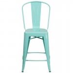 Commercial Grade 24" High Mint Green Metal Indoor-Outdoor Counter Height Stool with Back