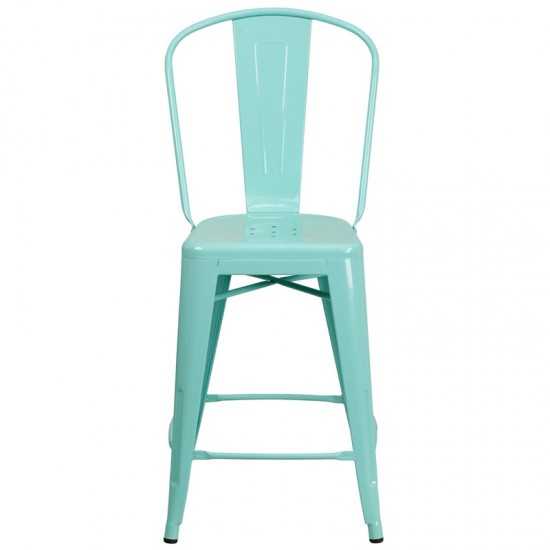 Commercial Grade 24" High Mint Green Metal Indoor-Outdoor Counter Height Stool with Back