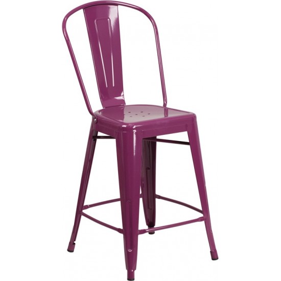 Commercial Grade 24" High Purple Metal Indoor-Outdoor Counter Height Stool with Back