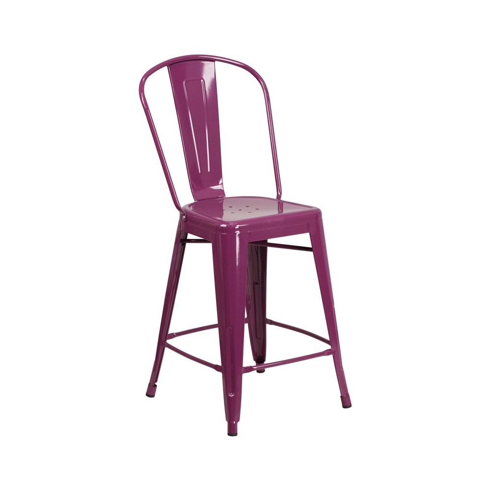 Commercial Grade 24" High Purple Metal Indoor-Outdoor Counter Height Stool with Back